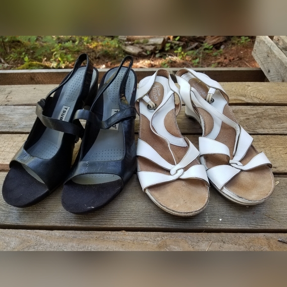 Size 10 High Heel Sandle Shoes Black Tsubo & White Clark's Artisan Collection - Picture 1 of 15